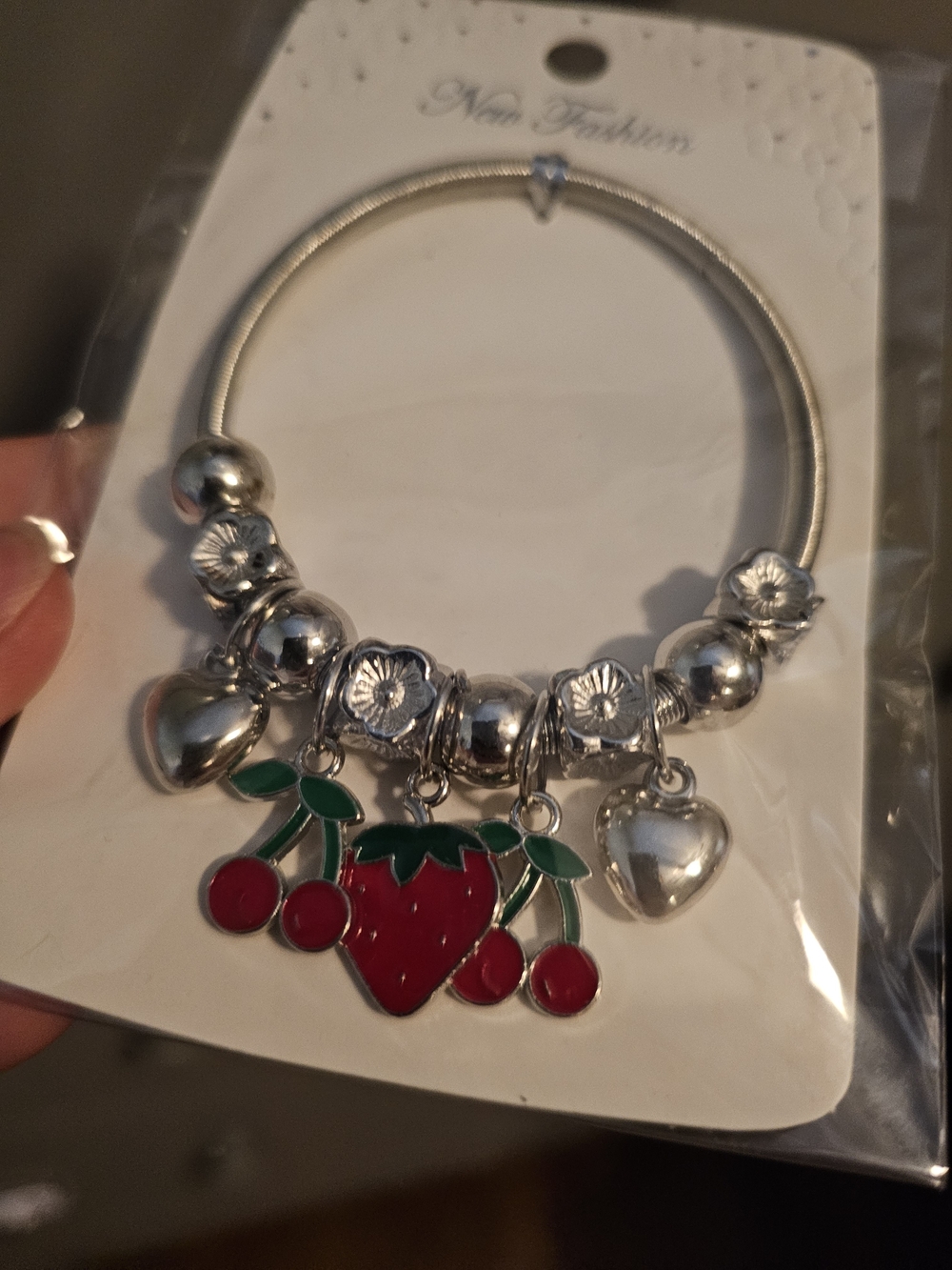 Silver Charm Bracelet with Red Strawberry & Cherry Charms